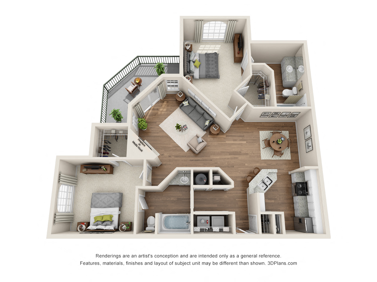 Floor plan for 2 beds, 2 baths, 1137 sqft